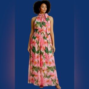 Anne Klein Pink Floral Tie-Neck Maxi Dress
